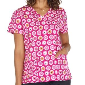 NWT Women's 2X Dark Pink Floral Print Scrubfinity Basix Scrub Top